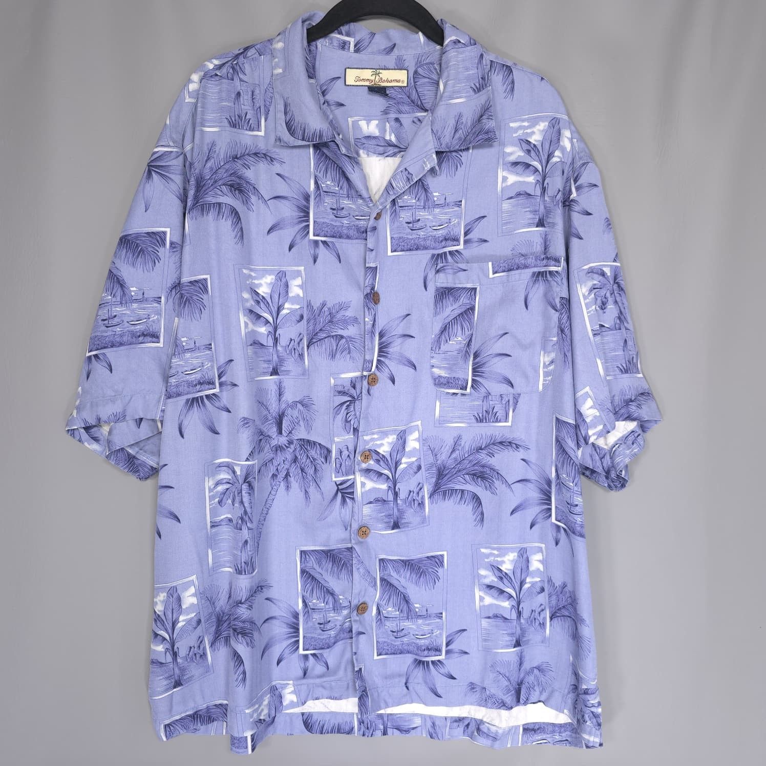 Tommy Bahama Hawaiian 100% Silk Shirt Blue Palm Print Camp L Men's